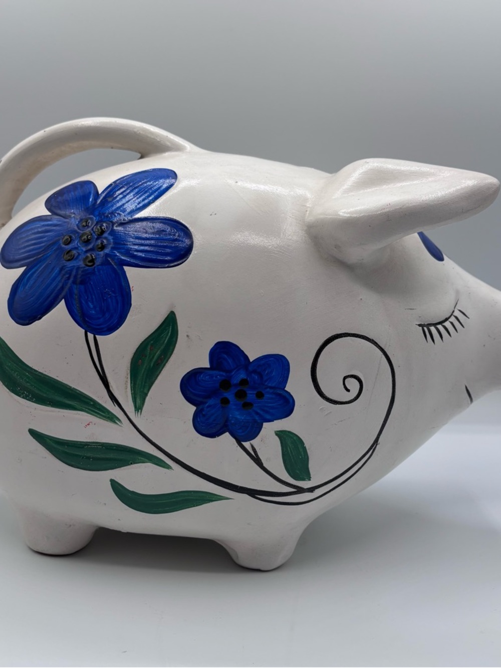 Vintage Hand Painted White Ceramic Piggy Bank with Blue Flowers